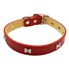 Ошейник для собак Каскад "Косточка" кожаный, двухслойный, 15мм, шея 24-30см красный