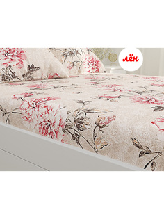 Простынь на резинке "Пионы на льне" 90х200 см , лён Сказка