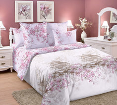 Постельное белье Mercury Home "Цветущая сакура" 2-х спальное с европростыней Сатин