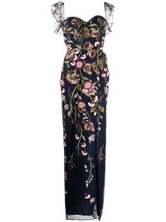 Marchesa Notte длинное платье с цветочной вышивкой и оборками