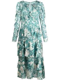 Marchesa Notte платье миди с ярусной юбкой и цветочным принтом