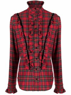 Saint Laurent блузка в клетку тартан с оборками