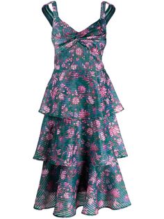 Marchesa Notte ярусное платье миди с цветочным принтом