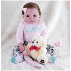 Reborn Kaydora Виниловая кукла Реборн (Reborn Dolls) - Девочка в розовом свитере и мишкой (56 см)