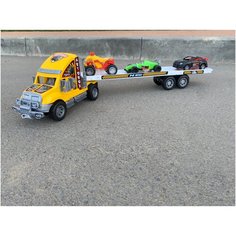 Машинка Большой автовоз с набором машин игрушка для детей грузовая машина с прицепом и маленькие машинки желтый 7059 крепкий пластик пр-во россия