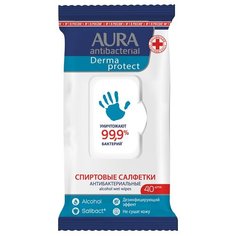 Салфетки влажные Aura "Derma Protect", 20*15, big-pack с крышкой, 40шт., антибактериальные, спиртовые