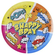 Тарелка одноразовая бумажная ламинир Комиксы #HappyBday 23см 6шт/уп 6058265 4 шт. Патибум