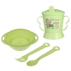 Набор детской посуды, 4 предмета: миска, ложка, вилка, поильник с твёрдым носиком 200 мл, цвета микс Крошка Я