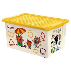 Ящик для игрушек 17 литров с желтой крышкой ОБУЧАЙКА, 40,5X30,5X21 см, рисунок ТРИ КОТА алфавит цифры Little Angel
