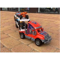 Большой автовоз с набором машин (6 шт.) игрушка для детей грузовая машина с прицепом и маленькие машинки красный крепкий пластик игрушка пр-во россия