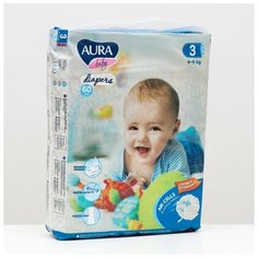 AURA Подгузники одноразовые для детей Aura Baby 3/M 4-9 кг mega-pack 60шт КК/2
