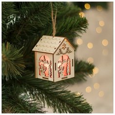 Подвеска световая "Домик со Снеговиком", 8х5х6 см, 1 LED, бат.(в комп), красное окно,Т/белый Luazon Lighting