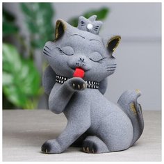 Копилка "Кошка Лапка", покрытие флок, серая, 20 см Керамика ручной работы