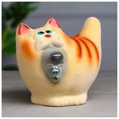 Копилка "Кот с мышкой", флок, персиковый, 17 см Керамика ручной работы