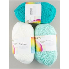 Пряжа "Детская новинка микс" 50г, 200м (3 мотка), пехорка, 73-айсберг, 581-св.изумруд, 01-белый