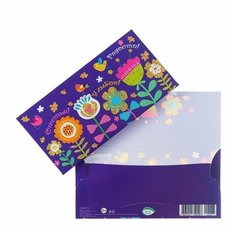Конверт для денег "Счастья, улыбок радости!" цветы, фиолетовый фон ,конгрев, глиттер (10 шт) МИР ОТКРЫТОК