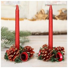 Набор свечей с подсвечником "Красные колокольчики" (набор 4 шт) 4*13,5*17 см Зимнее волшебство