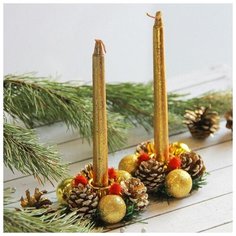 Набор свечей с подсвечником "Золотые шары" (набор 4 шт) 4*13*17 см Зимнее волшебство