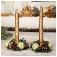 Набор свечей с подсвечником "Шишки и шарики" (набор 4 шт) 3,5*11*15 см Зимнее волшебство