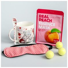 Подарочный набор: Кружка с ложкой, маска для сна, тканевая маска для лица, бомбочка для ванн Чистое счастье