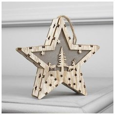 Фигура деревянная звезда "Елка и олени", 14х13х3 см, бат(в компл.), 1 LED, Т/белый Luazon Lighting