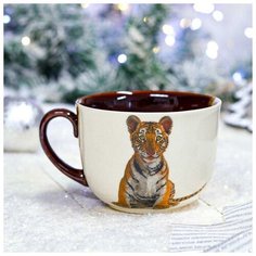 Кружка "Аппетитка с тигром" бело-коричневая, символ года 2022, деколь, 0.5 л, микс Керамика ручной работы