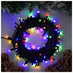 Гирлянда "Нить" 10 м , IP44, УМС, тёмная нить, 100 LED, свечение мульти, фиксинг, 24 В Luazon Lighting