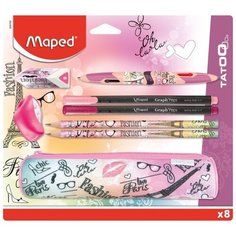 Maped. Набор из 8 предметов: "Tatoo" пенал,ластик,точилка,ручка 4 цв., 2 черногр. каранд арт.899708