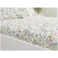 Простыня на резинке Сказка Полевые цветы (корзинки), перкаль, 180 х 200 см, белый/зеленый/сиреневый