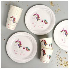 Набор бумажной посуды "Единорог" стаканы 10 шт, тарелки 10 шт 7105180 Страна Карнавалия