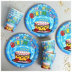 Набор бумажной посуды "С Днём Рождения" стаканы 6 шт, тарелки 6 шт, цвет голубой 7105184 Страна Карнавалия