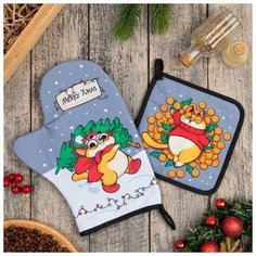 Набор кух. "Merry Xmas" варежка-прихватка 20х28см, прихватка 17х17см, 35% х/л,65% п/э 6861884 Доляна