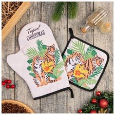 Набор кух. "Tropical Christmas" варежка-прихватка 20х28см, прихватка 17х17см, 35% х/л,65% п/ 6861854 Доляна