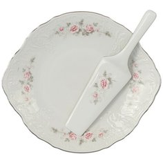 Тарелка для торта с лопаткой Бледные розы (отводка платина) Размер: 27 см Bernadotte