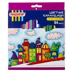 Карандаши цветные пифагор "сказочный город", 24 цвета, черный пластик, заточенные, 181585 2 уп