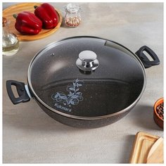 Сотейник со съёмными ручками,стеклянной крышкой, антипригарное покрытие, d=30 cм, h=8,5 см, цвет кофейный мрамор Kukmara