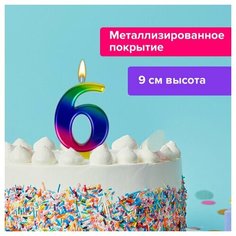 Свеча-цифра для торта "6" "Радужная", 9 см, золотая сказка, с держателем, в блистере, 591439
