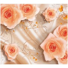 Фотообои Розы на фоне ткани/ Красивые уютные обои на стену в интерьер комнаты/ 3Д расширяющие пространство над кроватью или над столом/ На кухню в спальню детскую зал гостиную прихожую/ размер 300х270см/ Флизелиновые