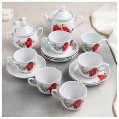 Сервиз чайный "Кирмаш. Маки красные", 14 предметов Добрушский фарфоровый завод