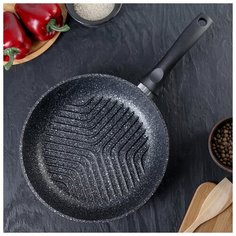 Сковорода-гриль 26 см с ручкой, антипригарное покрытие, тёмный мрамор Kukmara