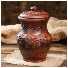 Кувшин "Крыночка низкая" с крышкой, лепка, 1,5 л Красная глина