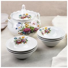Набор для пельменей "Романс. Букет цветов", 7 предметов: ваза для супа 3 л, 6 мисок 600 мл Добрушский фарфоровый завод