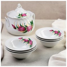 Набор для пельменей "Колокольчики", 7 предметов: ваза для супа 2,2 л, 6 мисок 600 мл Добрушский фарфоровый завод