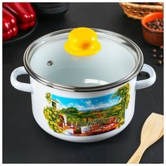 Кастрюля цилиндрическая 3 л белая "Итальянский дворик" стекл. крышка Сибирские товары