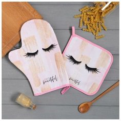 Набор кух. "Hello beautiful" варежка-прихватка 20х28см, прихватка 19х19см,100% хл 6535966 Этель