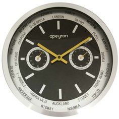 Часы настенные круглые Apeyron ML9225 с термометром и гигрометром, для кухни, спальни, детской, кварцевый механизм с плавным ходом, арабские цифры, размеры 30x4 см, работа от 1 пальчиковой батарейки тип АА