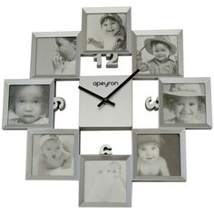 Настенные часы Apeyron RF9160 в виде квадратных рамок для фотографий, расположенных вокруг крестообразного циферблата. Лицевая сторона защищена стеклом. На белом циферблате часов с серым квадратом по центру расположены дизайнерские цифры и две стрелки