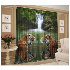 ТамиТекс Тюль Тигры у водопада 147х267 +/- 3см, 2шт, шифон, п/э