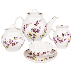 Сервиз чайный. Дулёвский фарфоровый завод. Форма Белый лебедь. Рисунок Лаванда Отводка золотом. 15 предметов