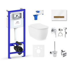 Комплект 10 в 1 Lavinia Boho Bell Pro Rimless 75110492, безободковый унитаз, сиденье микролифт, инсталляция, крепление, клавиша смыва, шумоизоляция, диспенсер, ершик, смеситель с гигиеническим душем, держатель туалетной бумаги